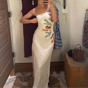 Anthropologie: Celandine Linen White/Cream Strapless Dress with Beaded Coral